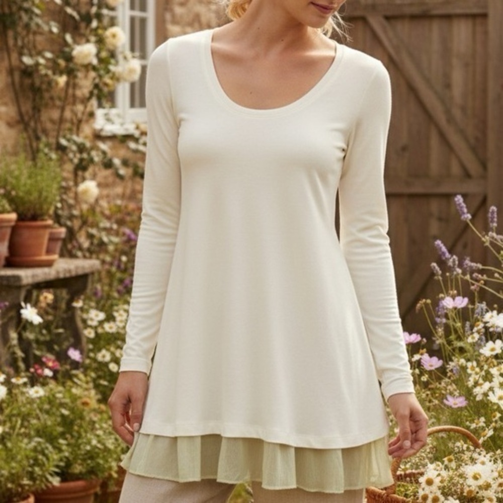 PERUVIAN CONNECTION Eloise Pima Cotton Long Sleeve Tunic w Ruffled Georgette Hem